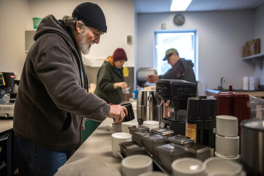caring volunteer providing warm beverages and snacks to those in need at a well-stocked soup kitchen, generative ai