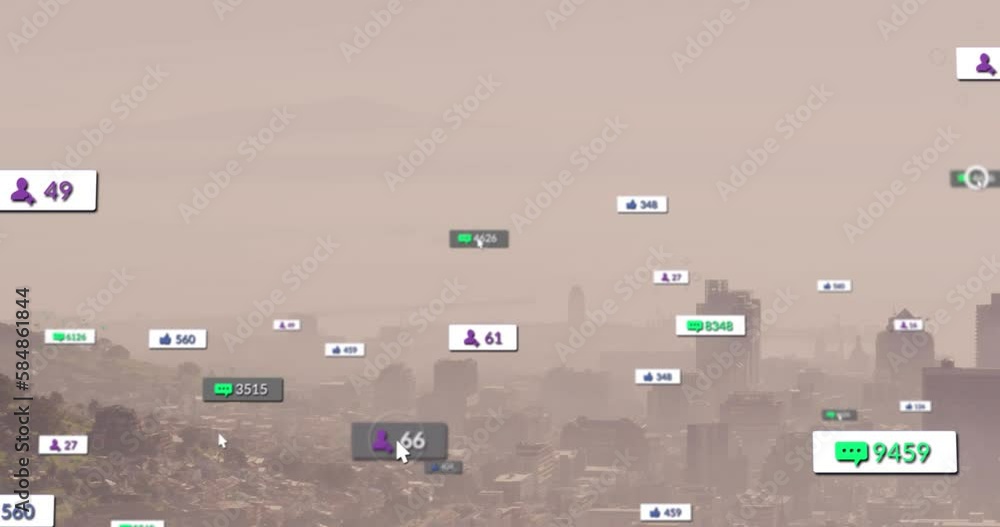 Poster animation of notification labels and numbers over aerial view of fog covered mountain and cityscape