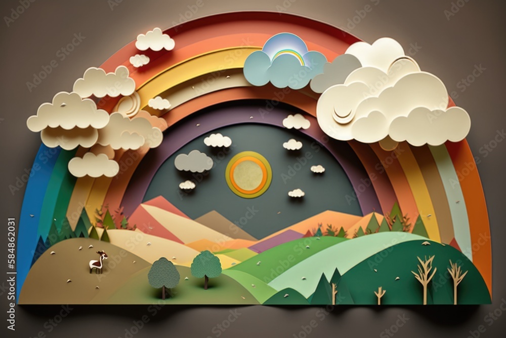 Poster a paper cut of a rainbow with clouds and trees in the background mountain range at sunrise paper cut