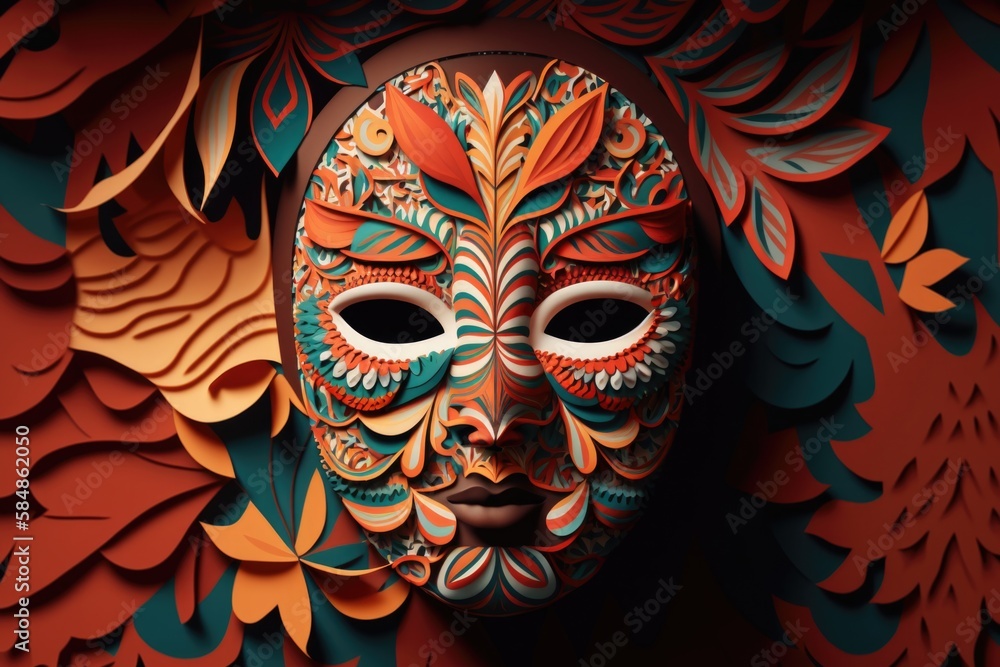 Poster a mask with a face made of paper leaves on a red background zoo paper cutting print design