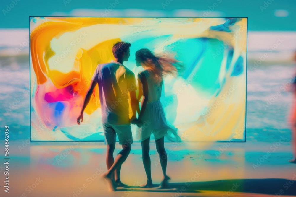 Aufkleber two people standing in front of a painting on the beach with a person standing next to it art museum
