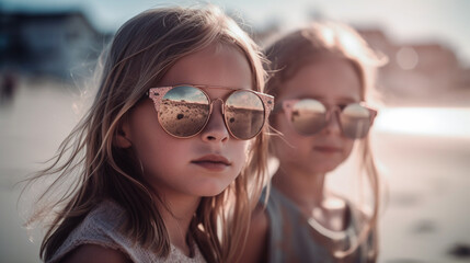 Two Young Girlfriends Posing Wearing Sunglasses Having Fun on the Beach - Generatvie AI.