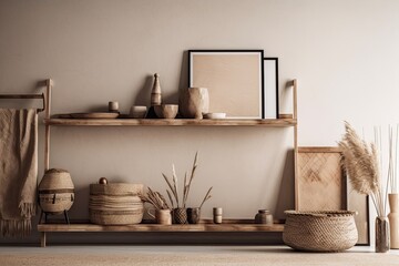 Blank wall mockup in house interior backdrop, wooden shelf with accessories near beige wall, Boho style,. Generative AI
