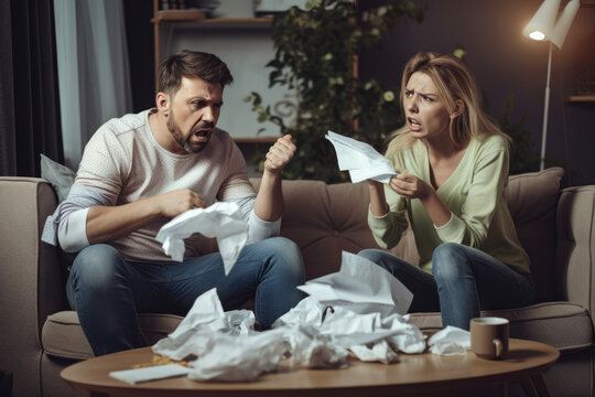 Couple having a heated argument over financial issues while sitting on a sofa with crumpled up papers on the table, generative ai