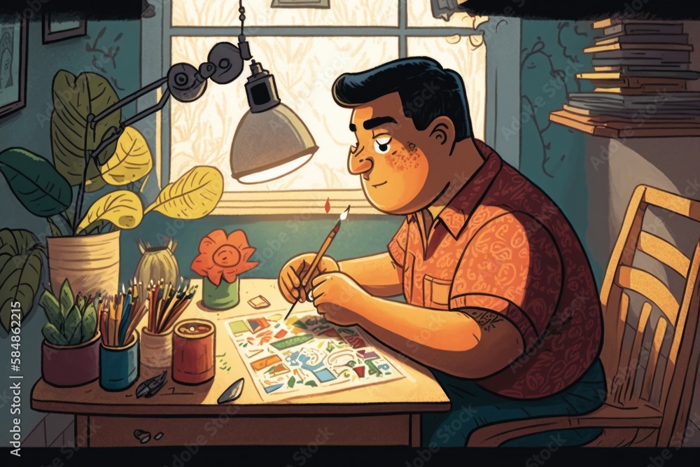 Aufkleber a man sitting at a desk with a pen and paper in his hand workshop animation animation filmmaking gen