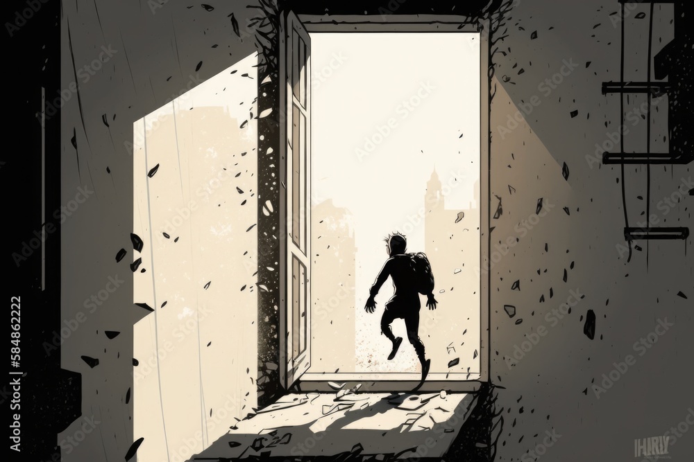 Poster a man walking out of a doorway into a city with a giant shadow abandoned warehouse in daylight anima