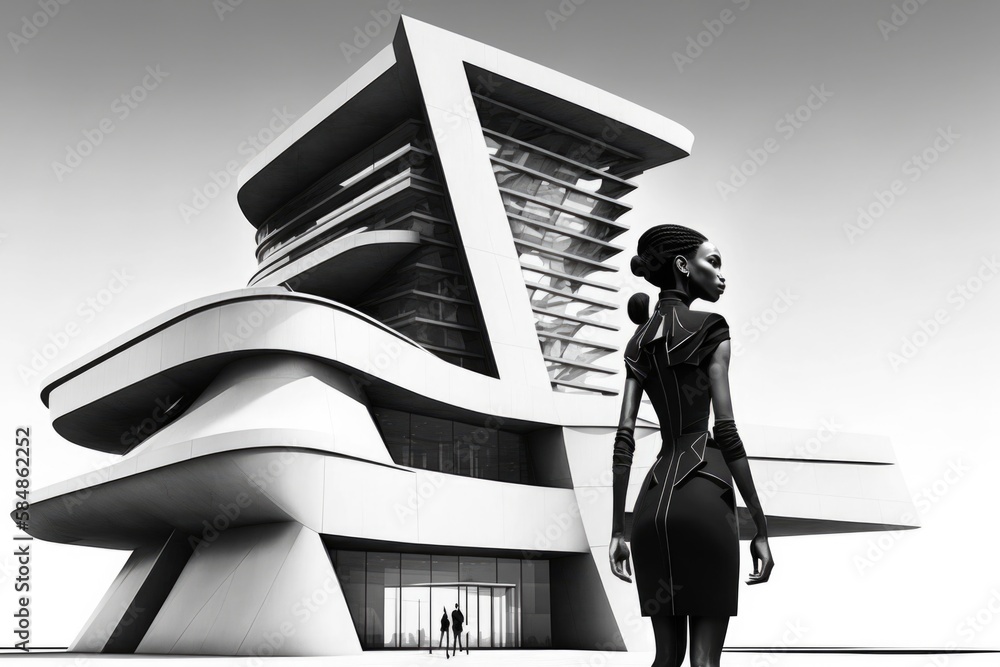 Poster a woman standing in front of a tall building with a futuristic design art deco building constructivi