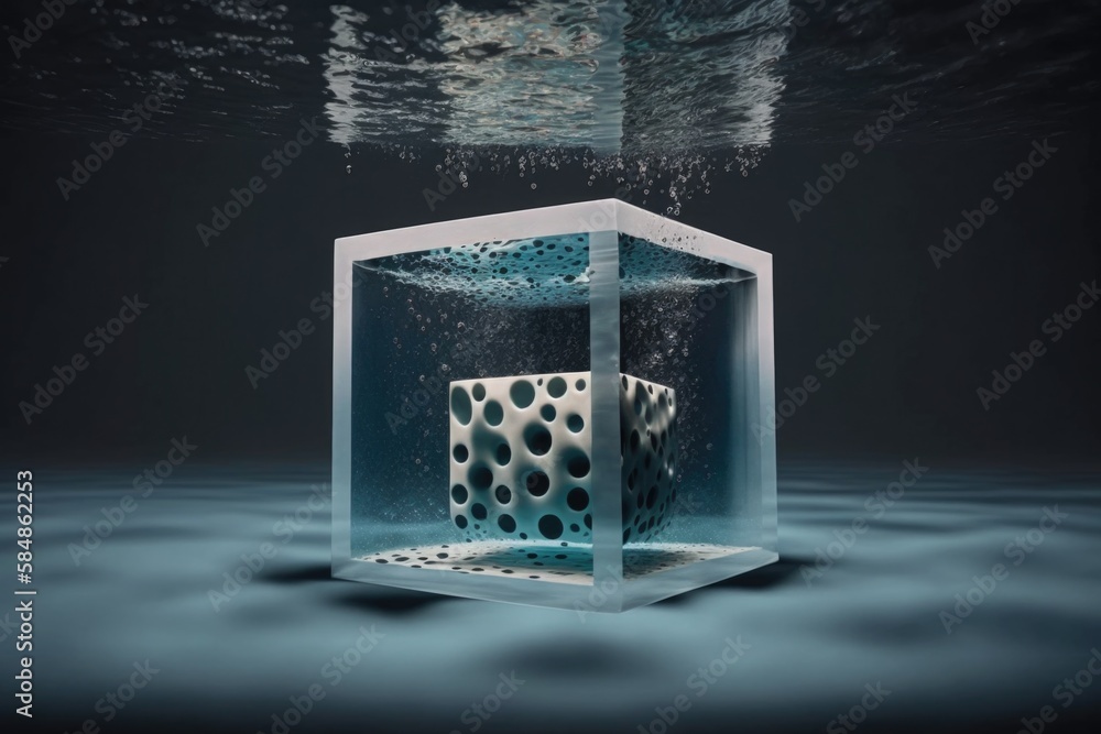 Poster a cube shaped object floating in the water with bubbles coming out of it iceberg underwater photogra