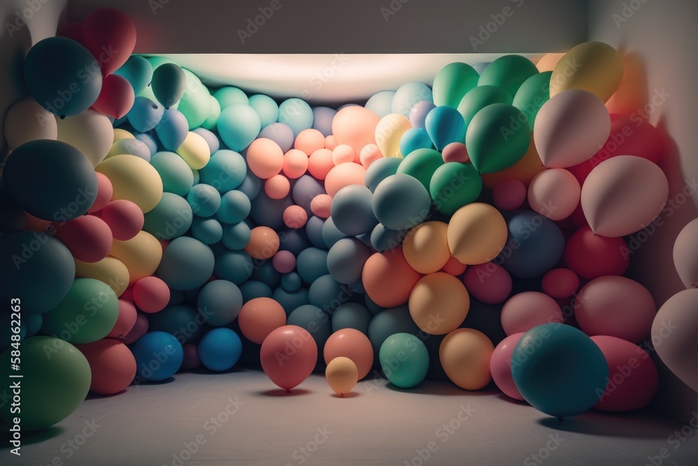 Poster a room filled with balloons and a wall of balloons in the background arcade installation art set des