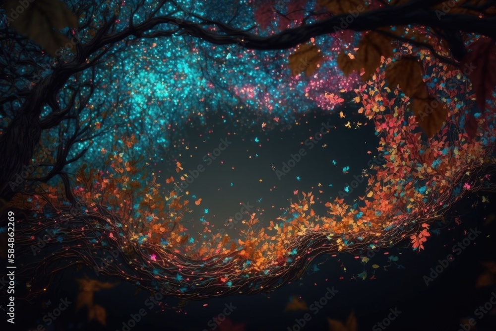 Poster a dark background with a bunch of colorful leaves flying around it forest animation motion graphics 