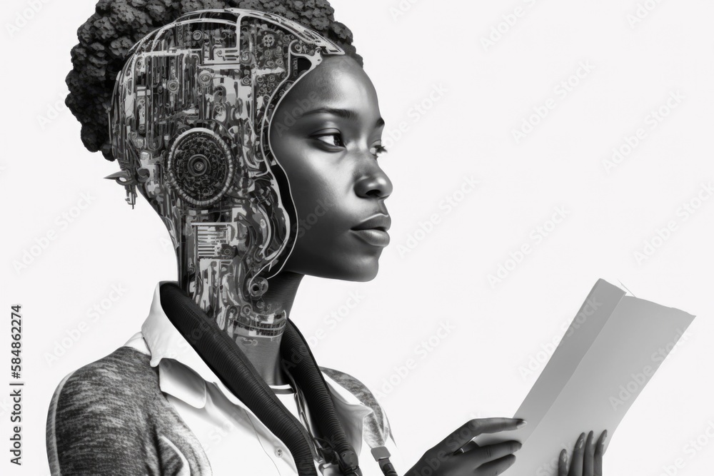 Poster a woman with a book in her hands and a head made of gears workshop graphic design robotics engineeri