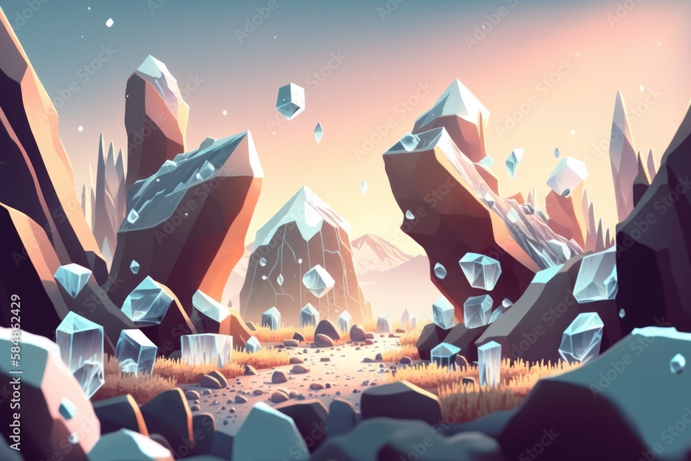 Aufkleber a computer generated landscape of rocks and grass and a stream of water tundra animation landscapes 