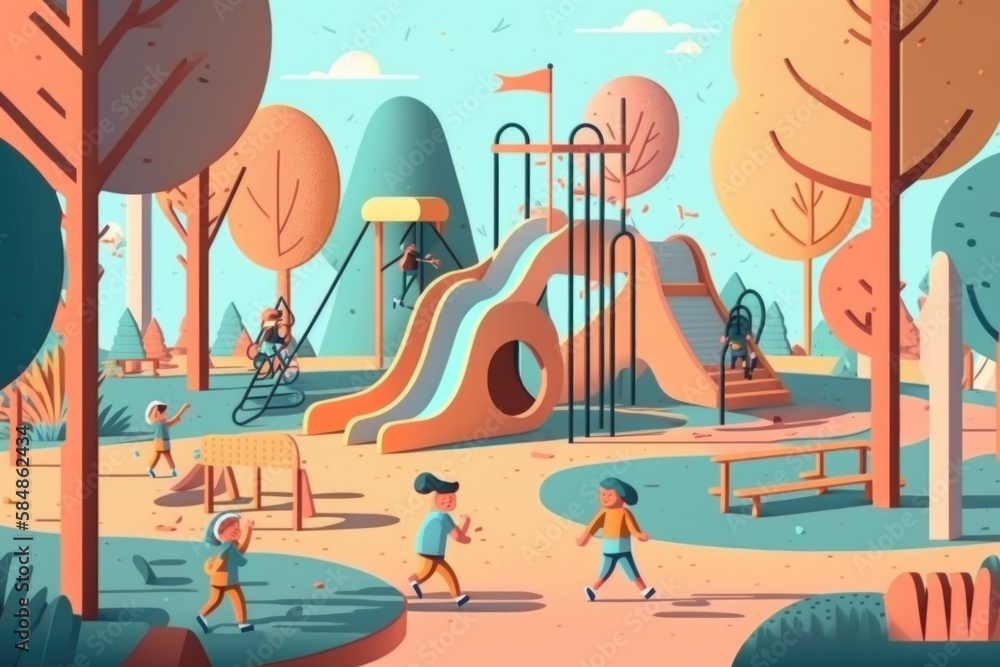 Poster a park with children playing and walking around it and a playground with a slide park color field pa