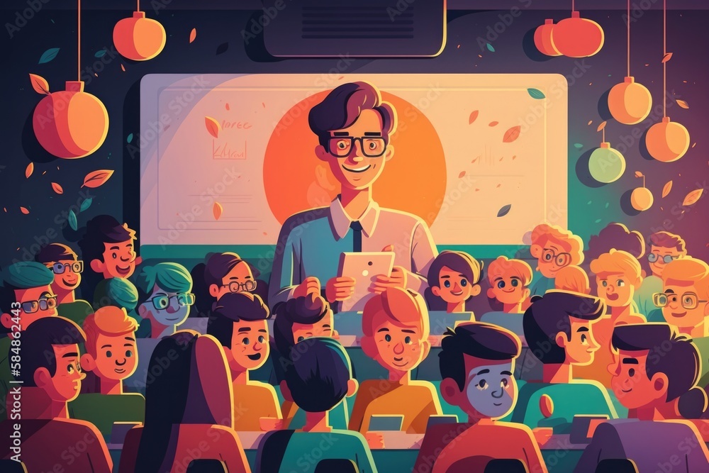 Poster a man standing in front of a crowd of people in front of a projector screen classroom animation dist