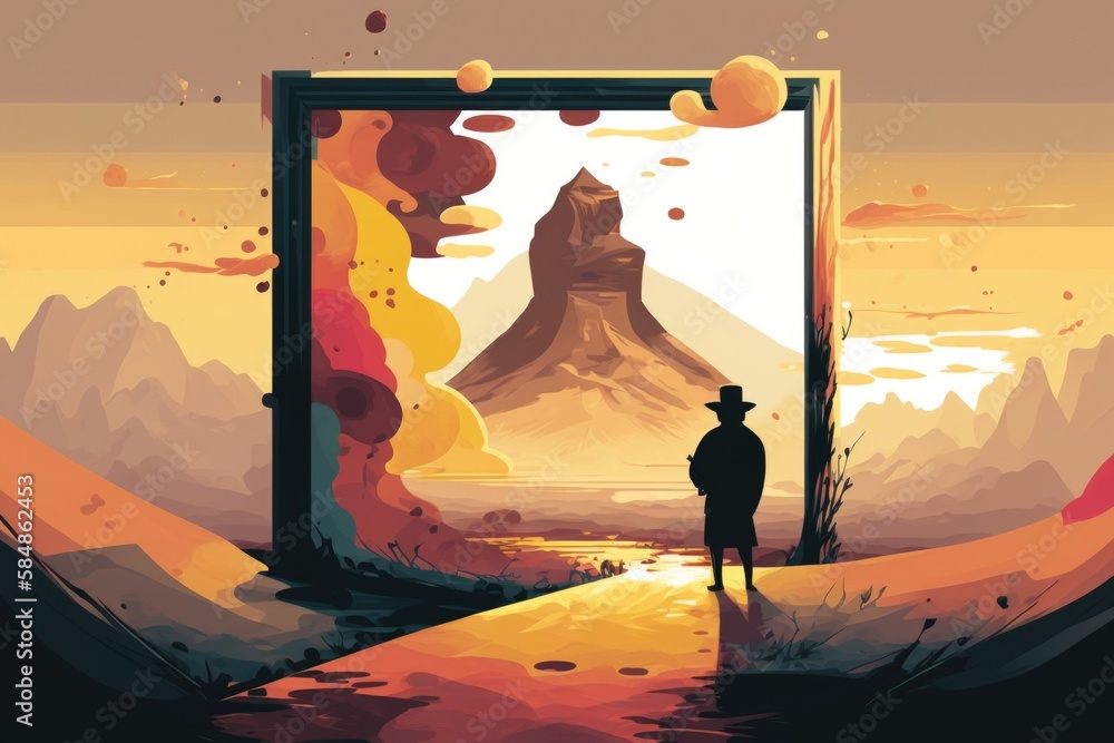 Aufkleber a man standing in front of a doorway with a mountain in the background desert color field painting p