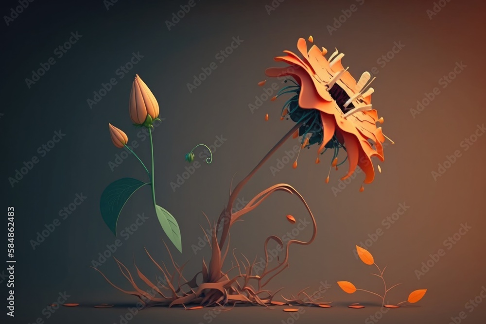 Poster a flower with a broken stem is in the air with a broken clock on it power plant environmental art mo