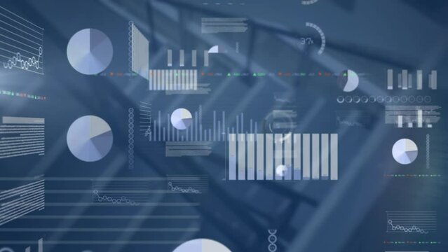 Animation of graphs, trading board and loading circles over high angle view of staircase of building