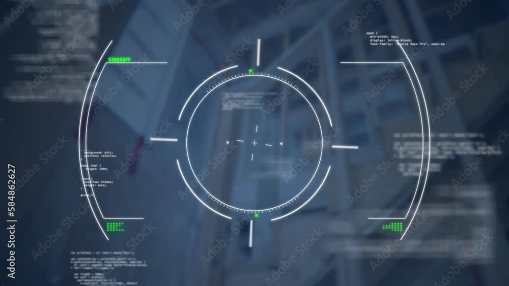 Poster animation of circles over computer language against low angle view of staircase of building