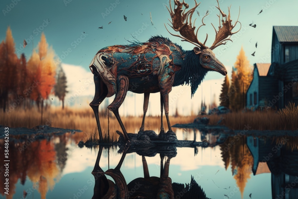 Poster a moose standing in front of a lake with a house in the background tundra environmental art computer