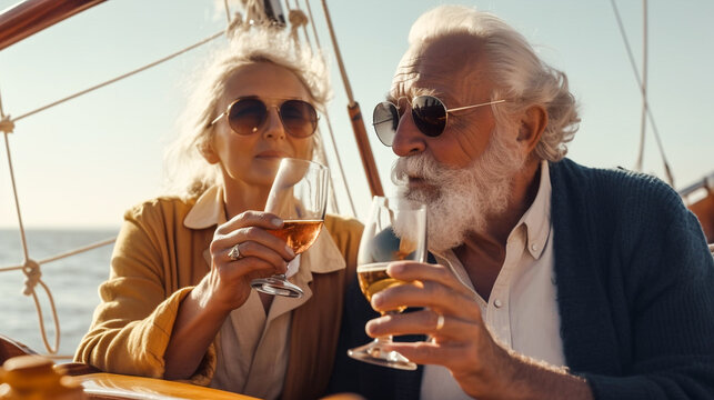 Senior Caucasian Couple Enjoying Drinks on the Deck of Their Yacht in the Ocean - Generatvie AI.