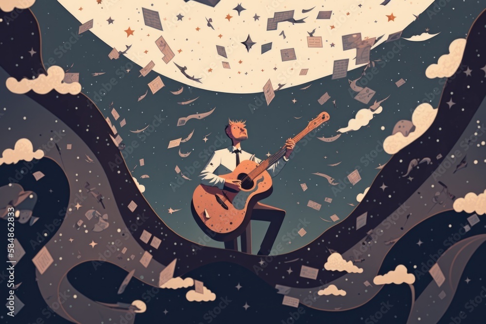 Poster a man playing a guitar in the middle of a wave of paper river animation music performance generative