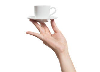 Hand holding a small cup of coffee or tea, cut out