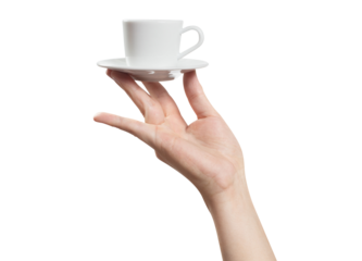 Hand holding a small cup of coffee or tea, cut out