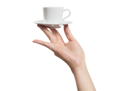 Hand holding a small cup of coffee or tea, cut out