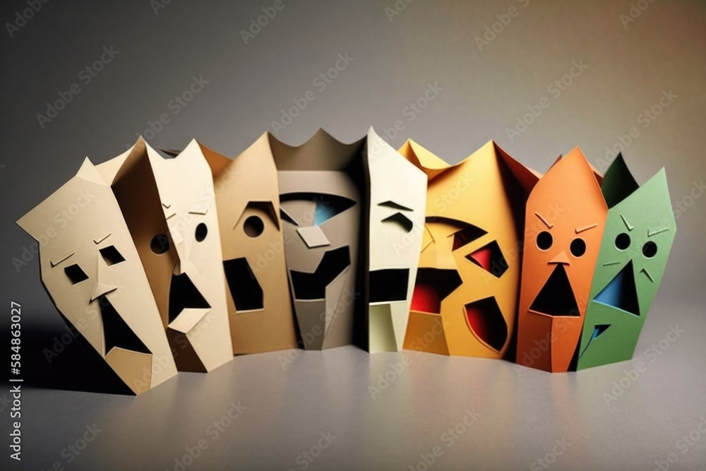 Poster a group of paper masks with faces cut out of them all lined up workshop paper cutting packaging desi