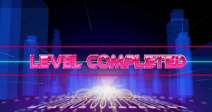 Animation of level completed text and looping binary codes over 3d buildings on black background