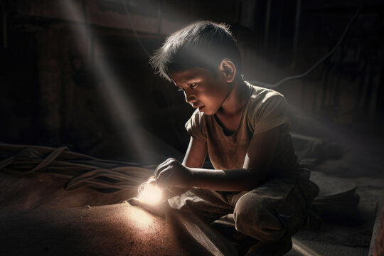 Hope in Darkness Young Child Laborer Illuminated by a Ray of Light as He Works in a Gloomy Factory, generative ai