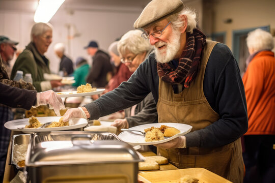 Kind-hearted volunteer serving hot meals to homeless individuals at a busy soup kitchen, generative ai