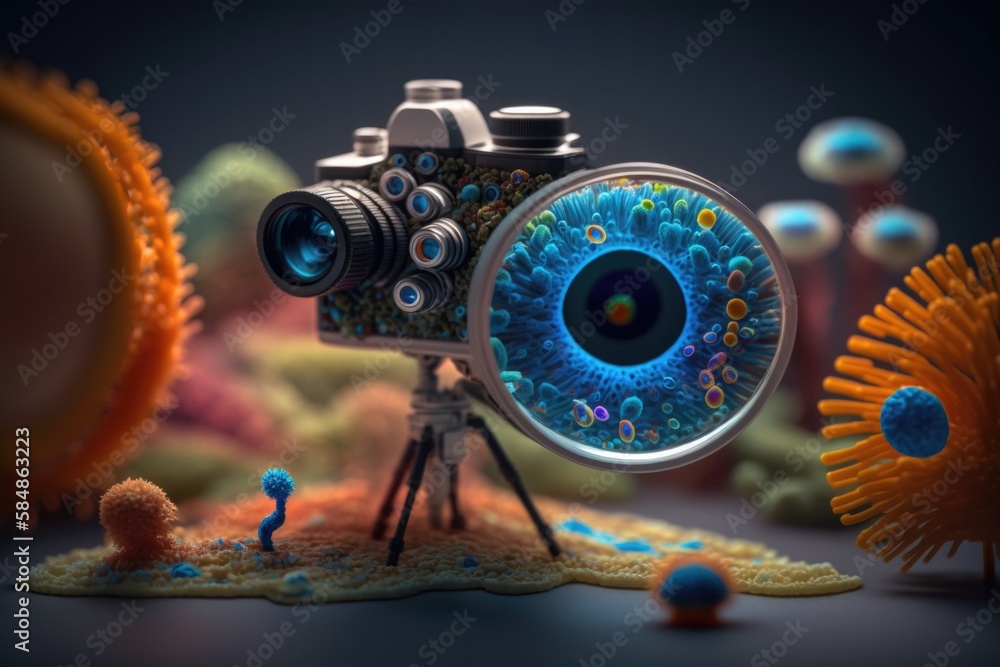 Poster a camera with a blue lens is on a tripod in front of a group of colorful objects coral reef stereosc