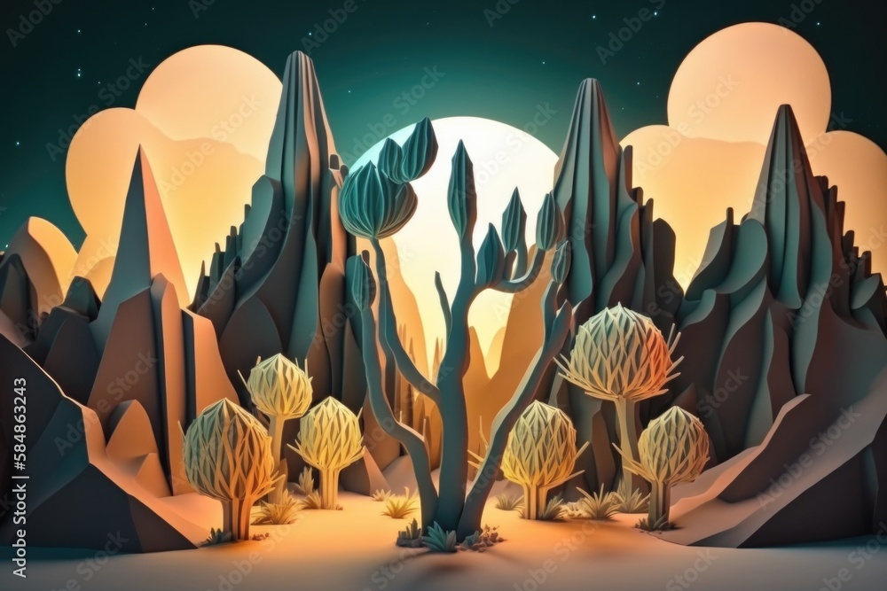 Poster a desert scene with a full moon and trees in the background moonlit desert paper cutting motion grap