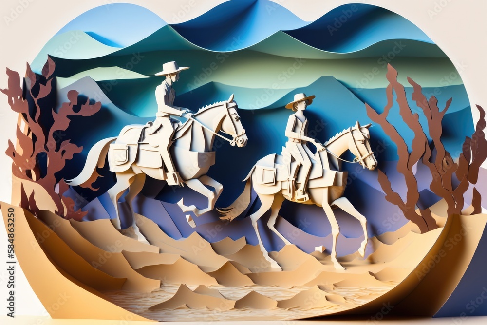 Aufkleber a paper cut of two men riding horses in the desert with mountains in the background desert paper cut