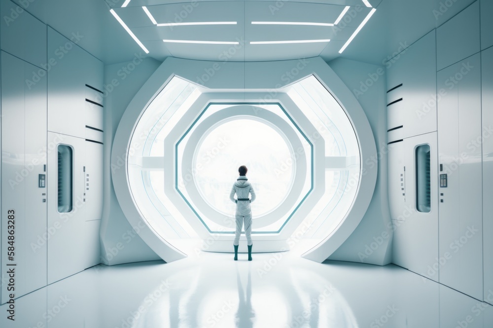 Poster a man standing in a white room with a circular window in the center tundra animation data analysis