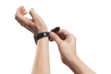 Hands fastening wrist watch leather strap, cut out