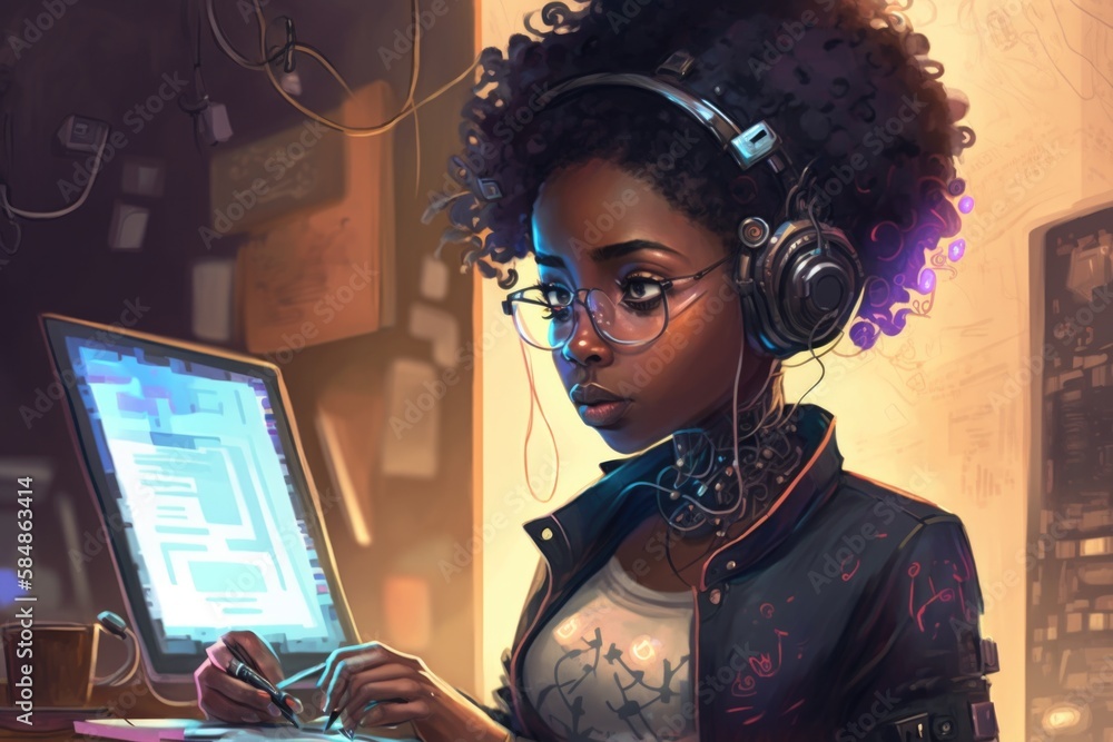 Poster a woman wearing headphones using a computer keyboard and mouse in a dark room library digital art co