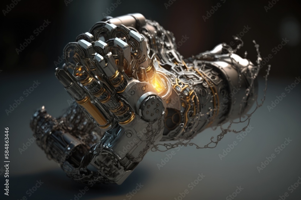 Poster a robotic hand with a glowing light in the middle of it junkyard animation robotics engineering