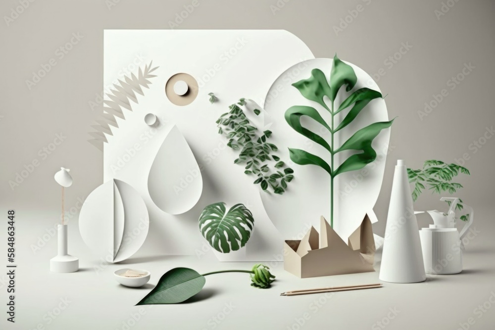 Poster a group of plants and vases on a table with a white background rainforest paper cutting branding and
