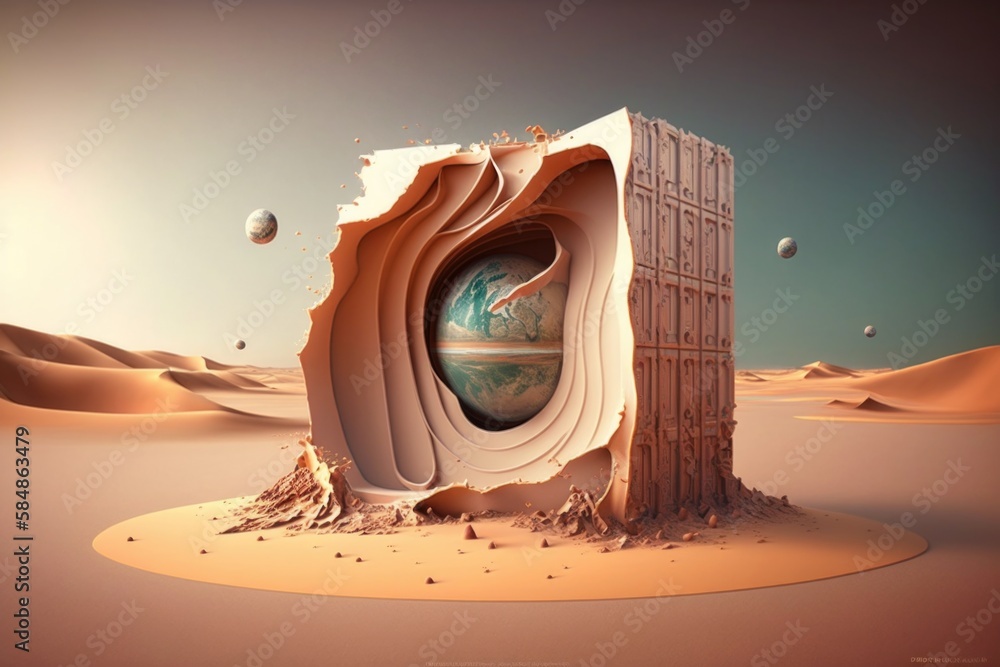 Poster a book shaped like a building in the desert with a planet in the background lunar landscape surreali