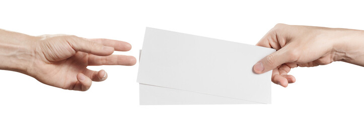 Hands sharing two blank sheets of paper (tickets, flyers, invitations, coupons, money, etc.), cut...