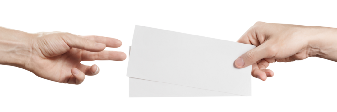 Hands sharing two blank sheets of paper (tickets, flyers, invitations, coupons, money, etc.), cut out