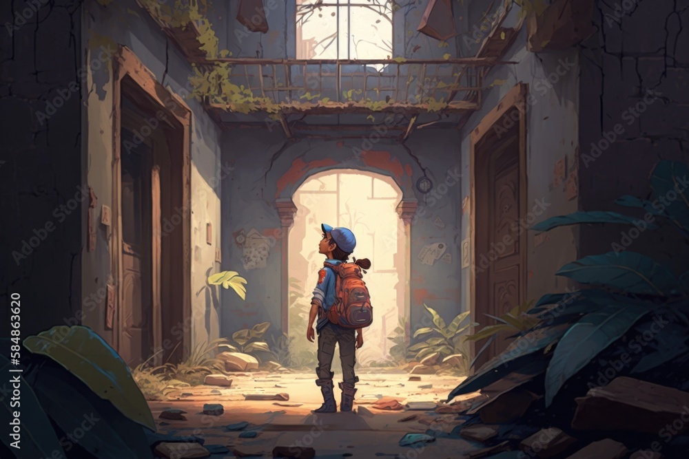 Aufkleber a person with a backpack standing in a hallway with a window abandoned building animation adventure 
