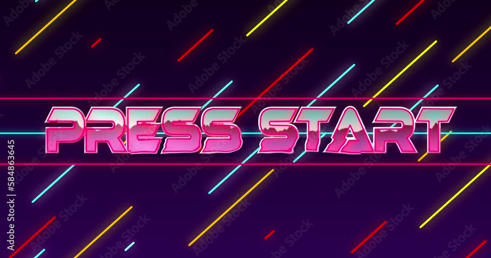 Poster animation of mountains in press start text over lines against abstract background