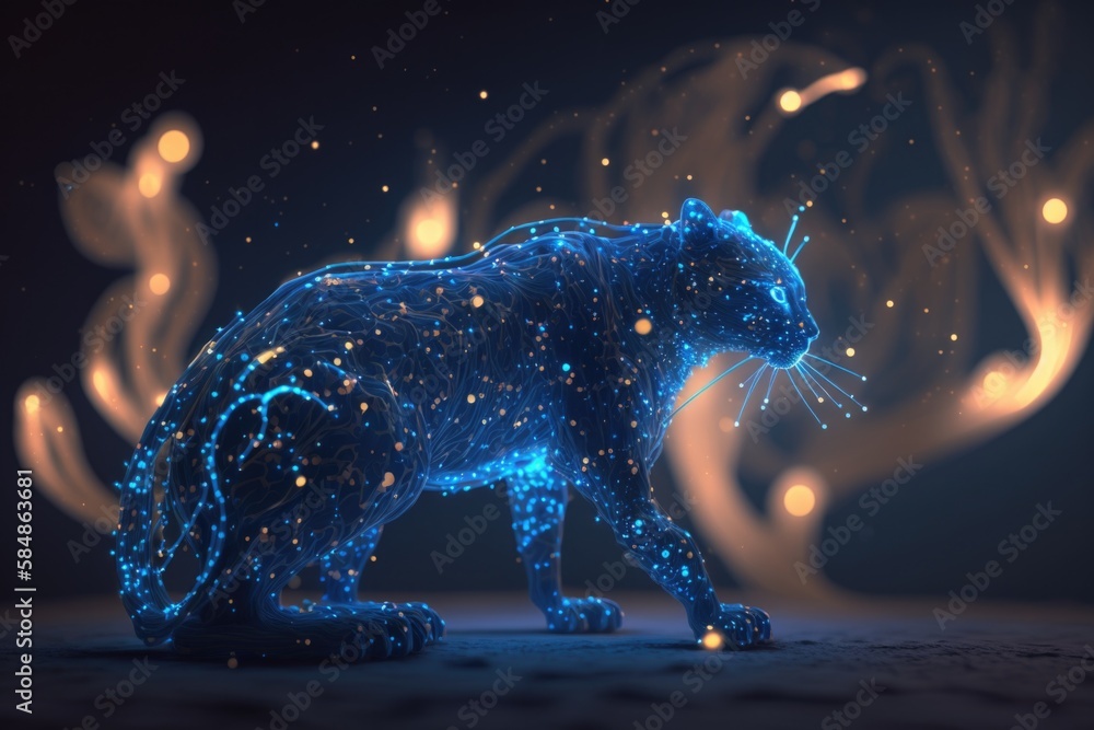 Poster a blue cat with glowing lights on its body and tail standing in front of a black background zoo anim