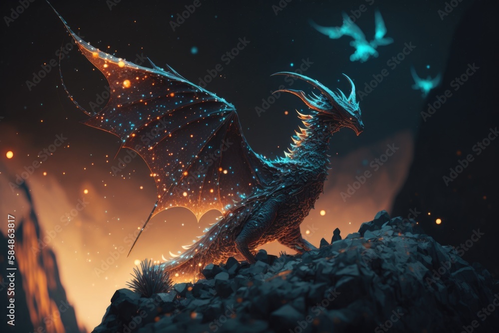 Poster a dragon with glowing wings standing on a rocky hill with a bird flying overhead tundra animation co