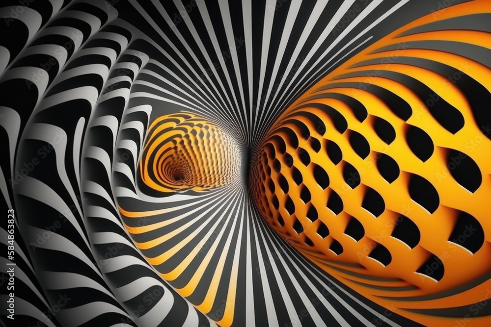 Poster a computer generated image of a spiral design with a yellow center art museum op art motion graphics