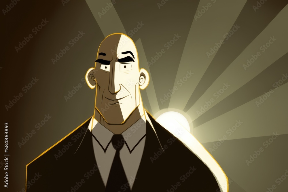 Poster a cartoon of a man with a suit and tie on and a sunburst in the background dam animation animation f