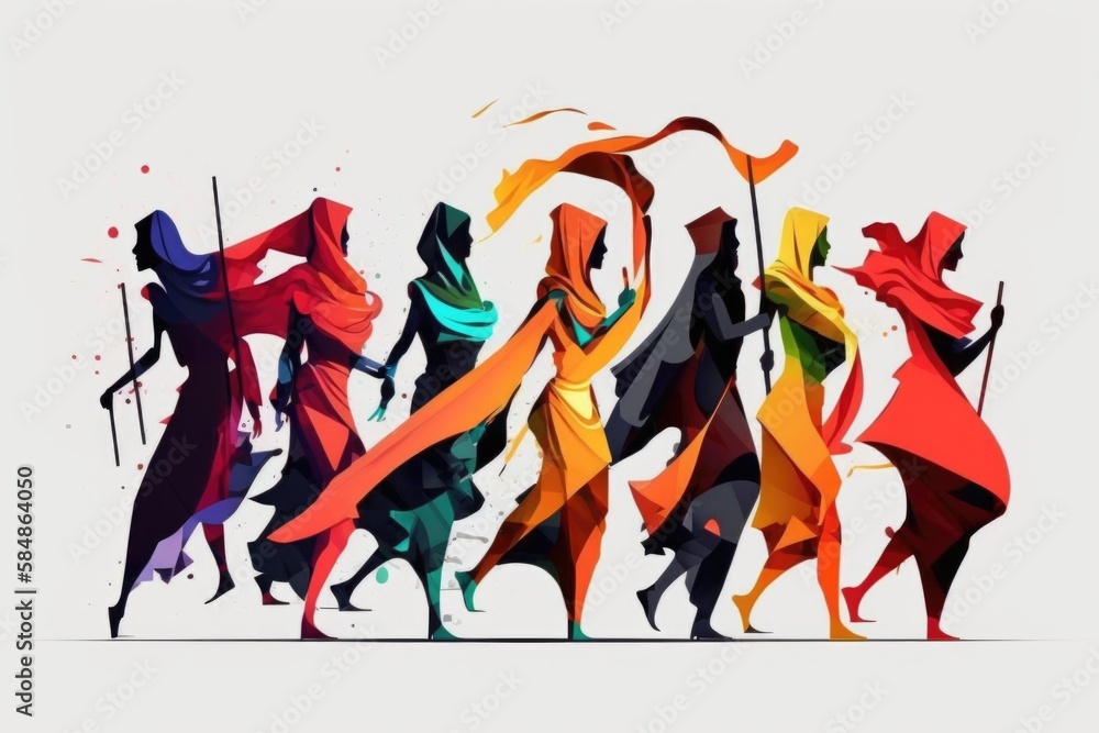 Aufkleber a group of people with colorful outfits and hats on all holding flags desert animation motion graphi